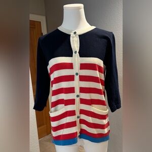 Birds of Paradis by Trovata Red, Cream, & Blue Striped 3/4 Sleeve Cardigan
